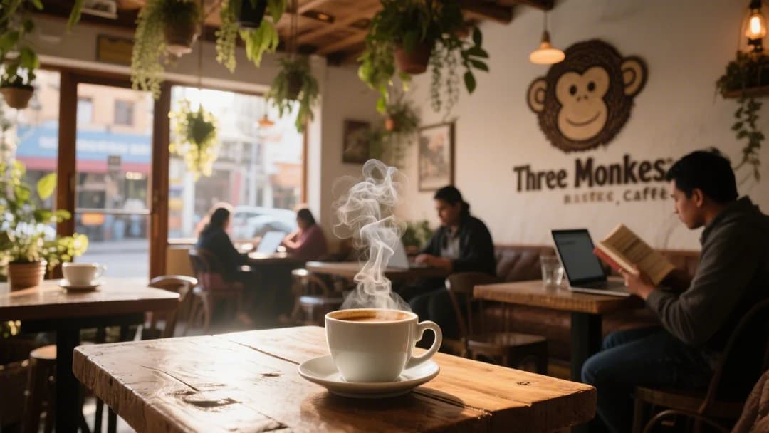 Interior acogedor de la cafetería Three Monkeys en Cusco con tazas de café artesanal.