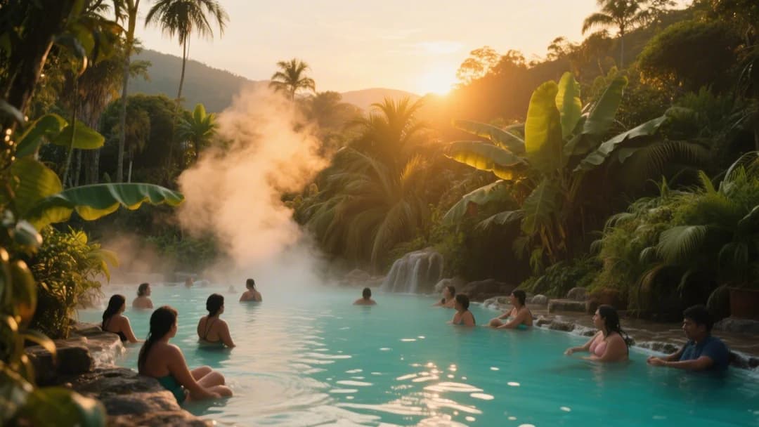 Personas disfrutando de las aguas termales de Cocalmayo al atardecer