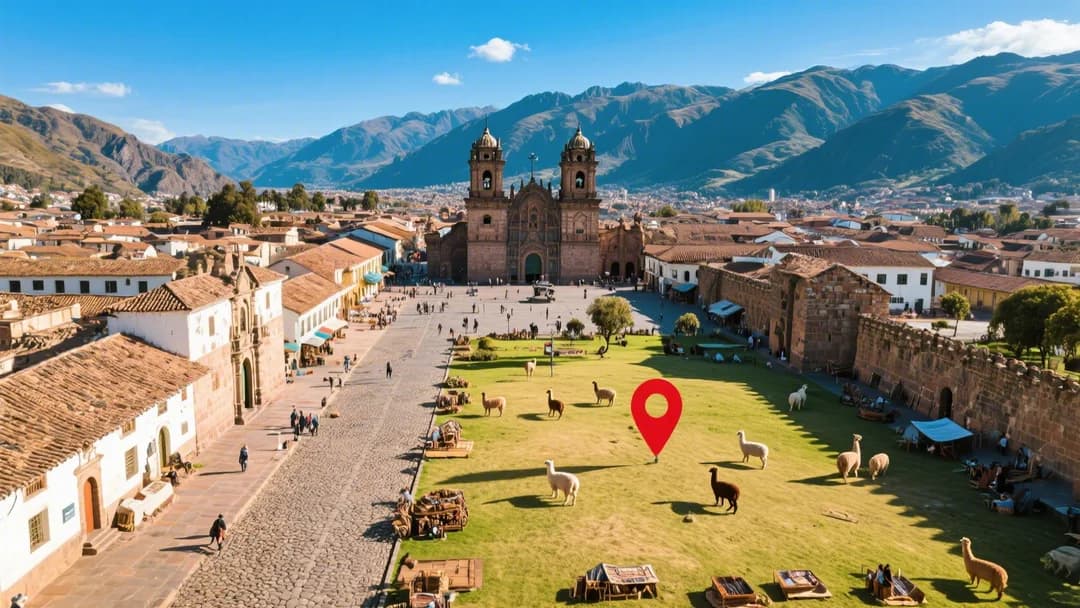 Vista aérea de la ubicación del campo de artesanos con alpacas en Cusco, mostrando su cercanía a la Plaza de Armas.