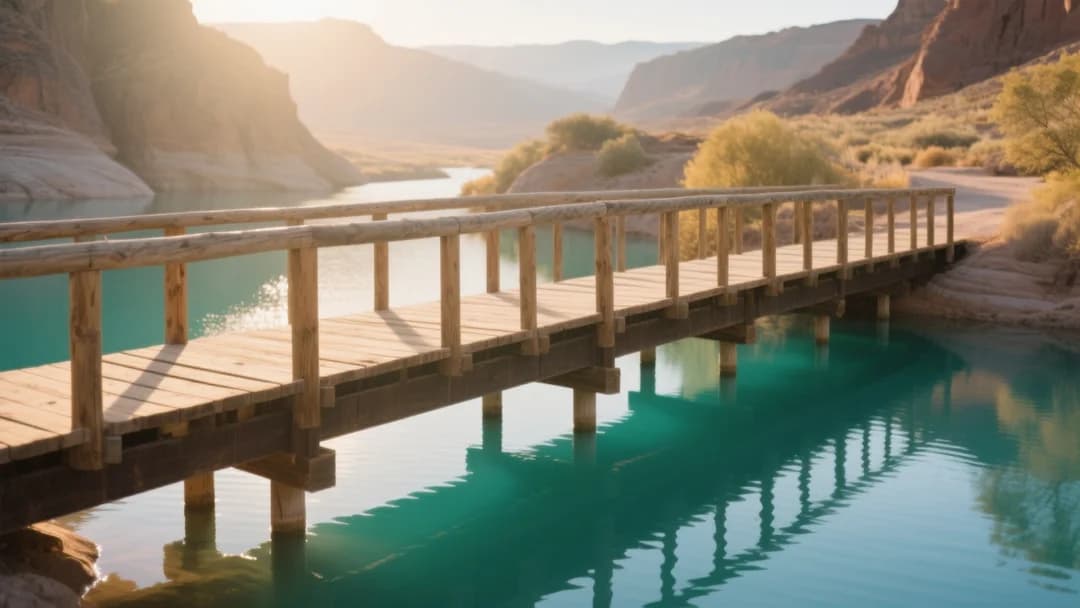 Puente de madera sobre aguas turquesas en Muñapata