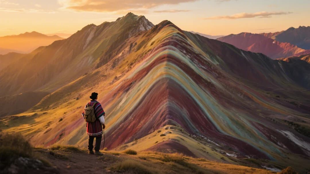 Vista panorámica de la Montaña Arcoíris de Palcoyo en Cusco, Perú, con sus franjas de colores naturales y paisajes andinos.