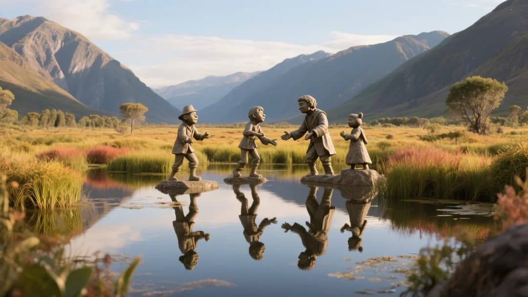 Humedal de Guasau en Cusco, con figuras de personajes de películas.