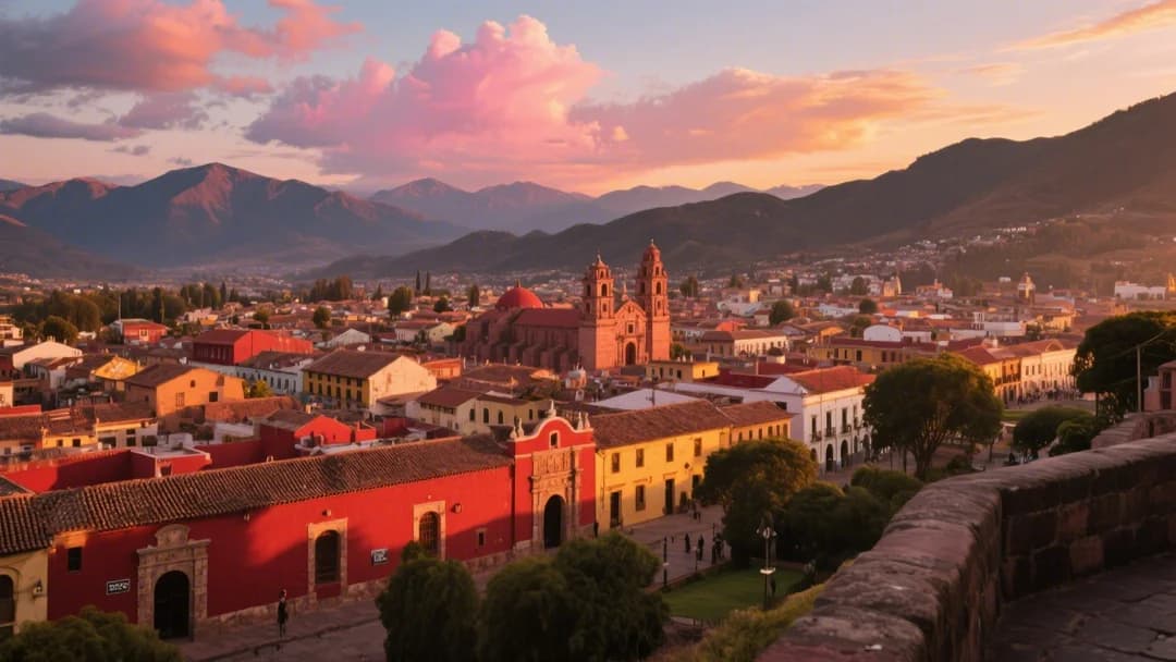 Vista panorámica de la ciudad de Cusco desde el mirador de San Blas al atardecer.