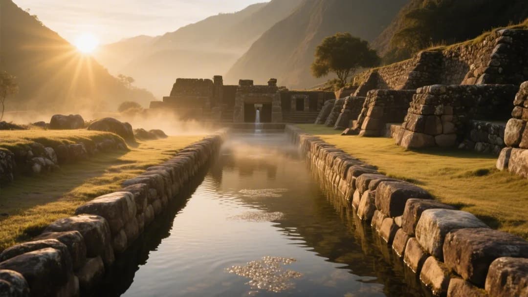 Canales de agua en Tambomachay brillando bajo la luz del sol