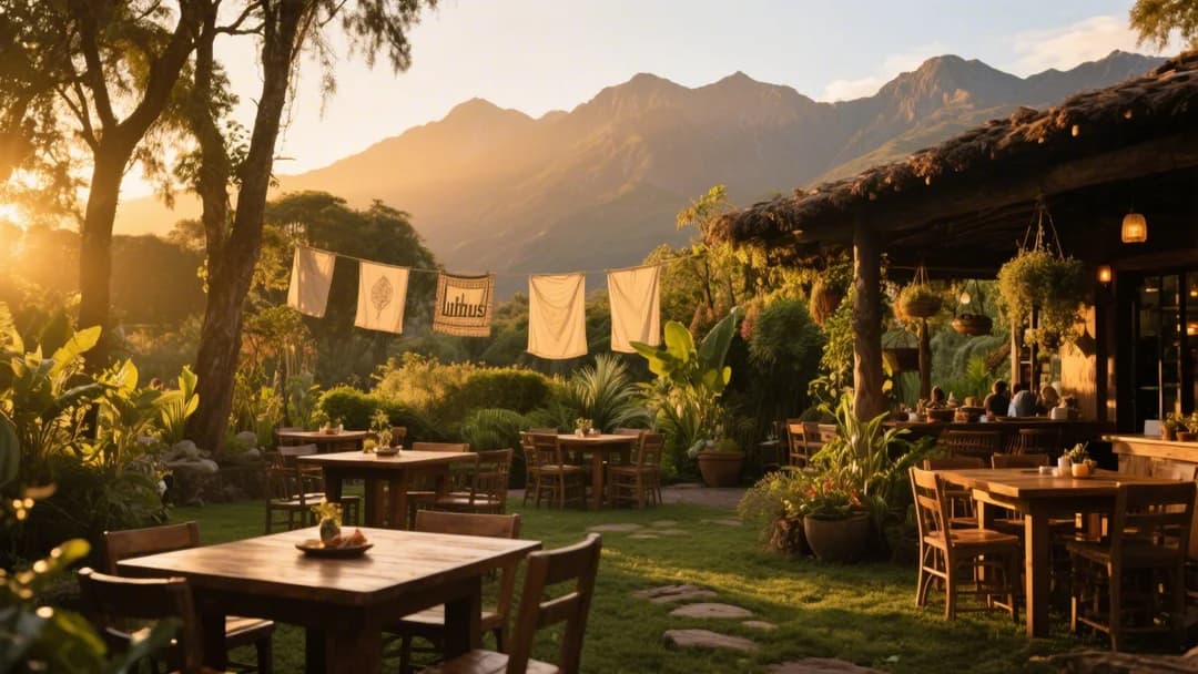 Vista panorámica de Kevin and Garden en Cusco durante el atardecer, con mesas al aire libre rodeadas de vegetación.