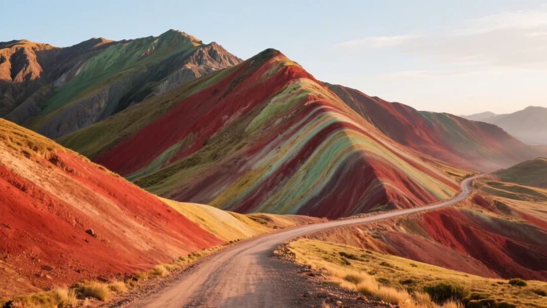 Primer plano de las franjas de colores en la Montaña Arcoíris de Palcoyo con un sendero de tierra que serpentea entre ellas.