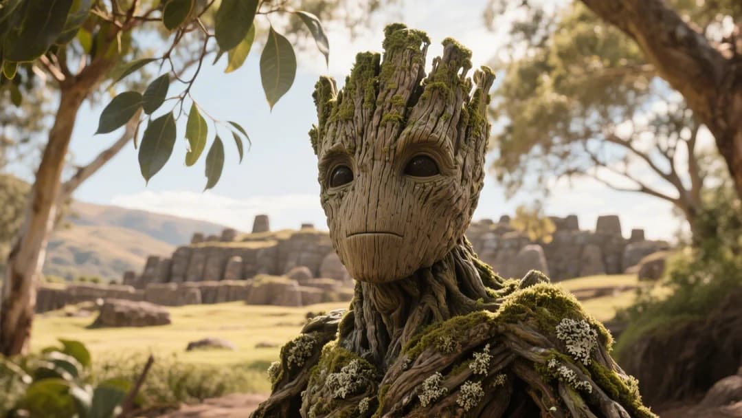 Escultura de Groot de Guardianes de la Galaxia en el Parque de los Ents, Cusco