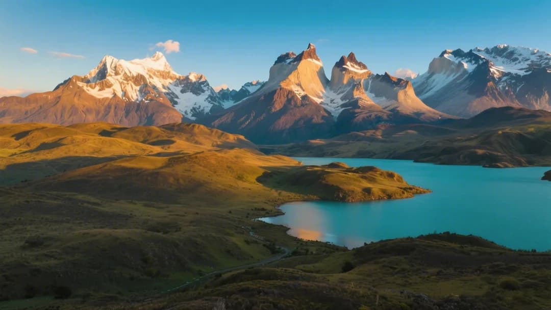 Camino de tierra hacia las aguas turquesas con montañas al fondo
