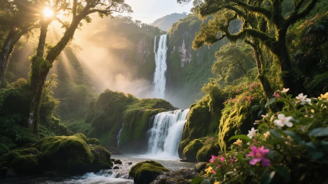 Cataratas de Inkilltambo rodeadas de vegetación y rocas, con agua cristalina cayendo en cascada