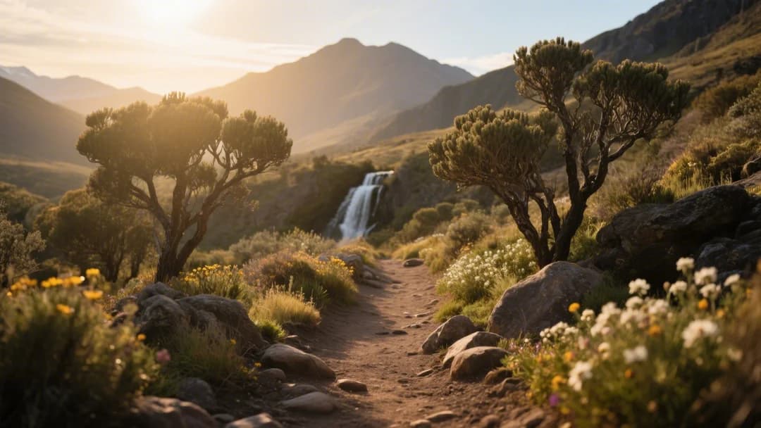 Sendero hacia las cataratas de Inkilltambo rodeado de vegetación andina