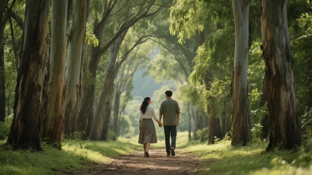 Pareja caminando de la mano entre los altos eucaliptos de Q'enqo, Cusco.