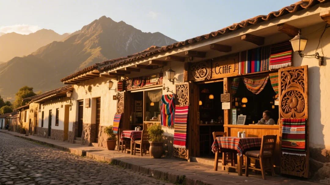 Vista panorámica de una cafetería en Cusco con balcones tradicionales y montañas al fondo.