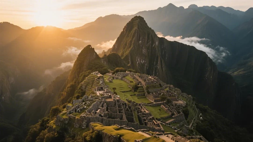 Vista aérea de Machu Picchu rodeada de montañas verdes y nubes.