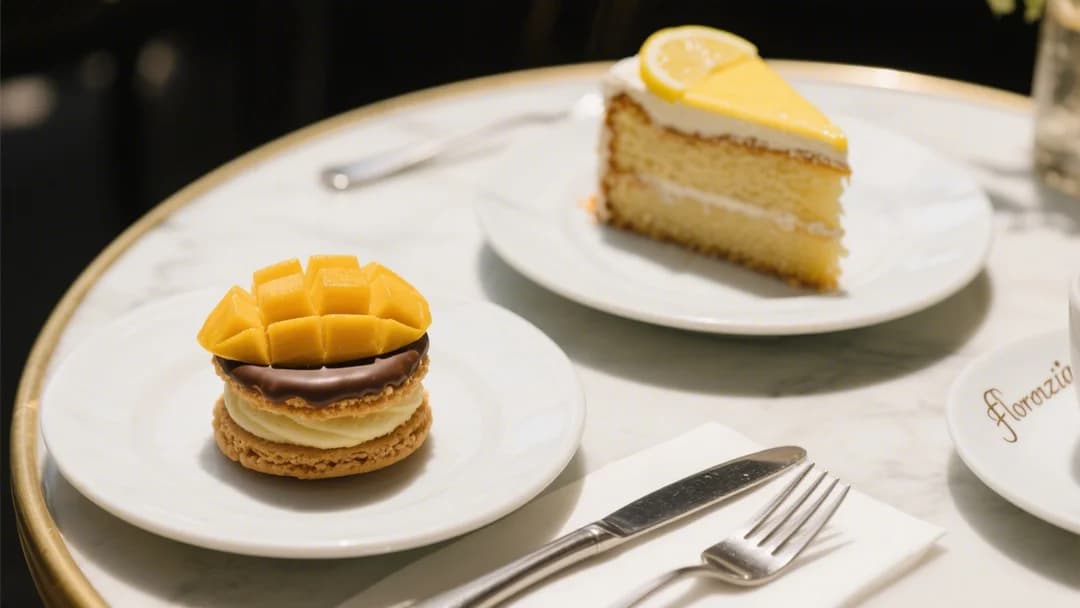 Queque de limón y alfajor de choco mango en Florenzi Fortunata, Cusco.