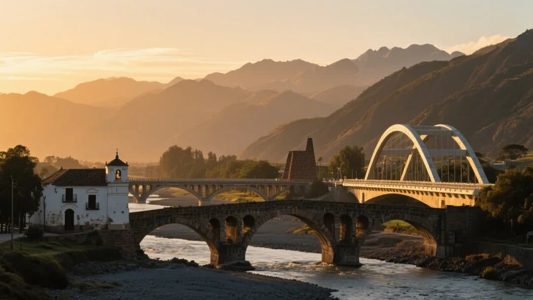 Vista panorámica de los tres puentes de Checacupe en Cusco, Perú