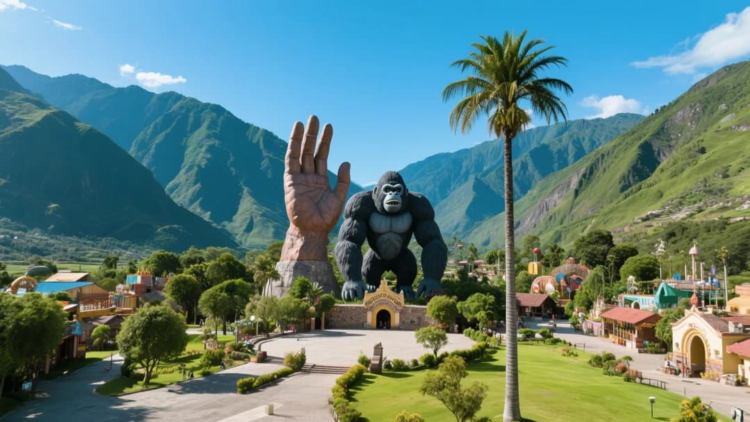 Vista panorámica del Parque Temático Santo Domingo en Quillabamba con esculturas gigantes y montañas de fondo