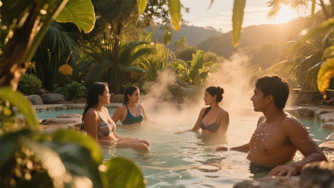 Personas relajándose en las piscinas termales de Cocalmayo al atardecer