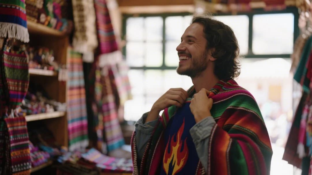 Turista sonriente probándose un poncho tradicional peruano en la tienda