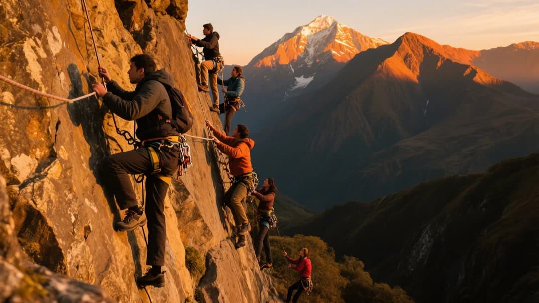 Grupo de turistas escalando hacia el hotel cápsula con equipo de seguridad.