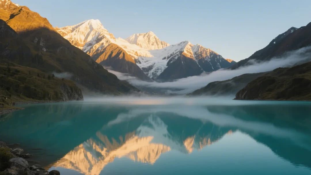 Vista panorámica de la Laguna Humantay en Cusco con montañas nevadas de fondo