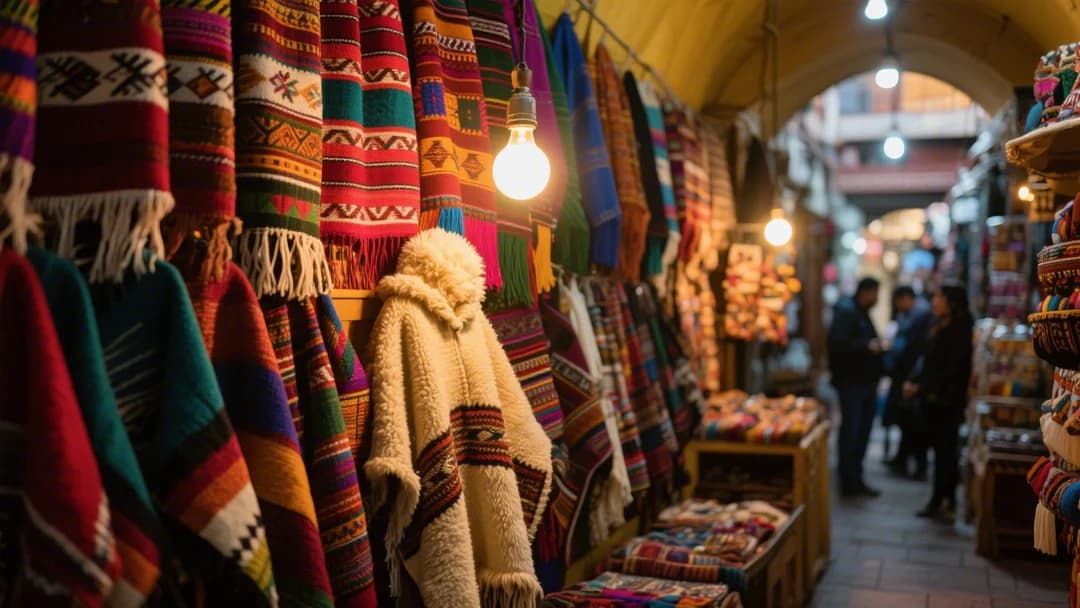 Interior de Artesanía Asunta mostrando estantes llenos de coloridos ponchos y textiles peruanos