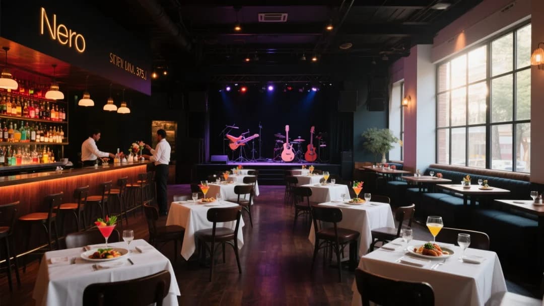 Interior acogedor del restaurante Nero de la 375 en Cusco con mesas preparadas y ambiente vibrante.