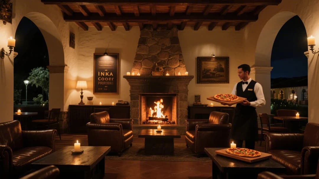 Interior del Coffee Corner en Hotel Palacio del Inka con fogata
