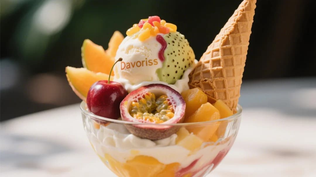 Helado artesanal de Davoriss con frutas frescas y decoración colorida.