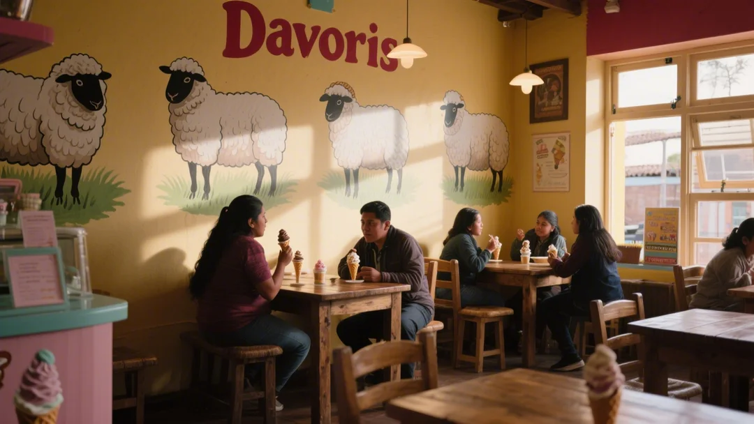 Interior acogedor de Davoriss con murales de borreguitos y clientes disfrutando helados.