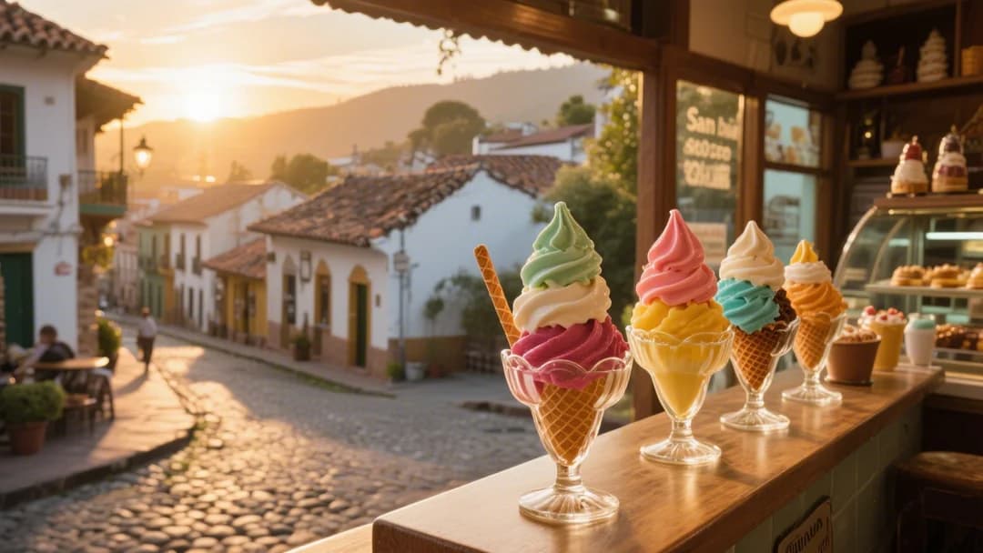 Vista panorámica desde Davoriss hacia el barrio de San Blas en Cusco, con helados artesanales en primer plano.