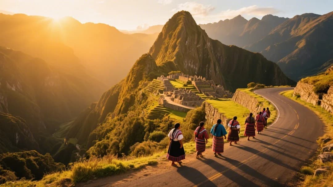 Vista del camino hacia la Morada de los Dioses con el paisaje andino de fondo.