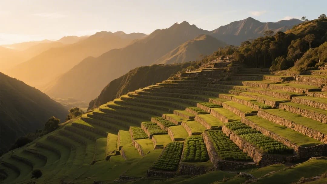Vista panorámica de los andenes incas de Yucay con montañas al fondo al atardecer