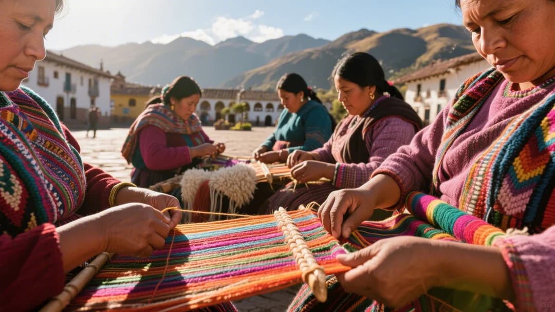 Mujeres de Chinchero tejiendo mantas de alpaca con técnicas tradicionales.