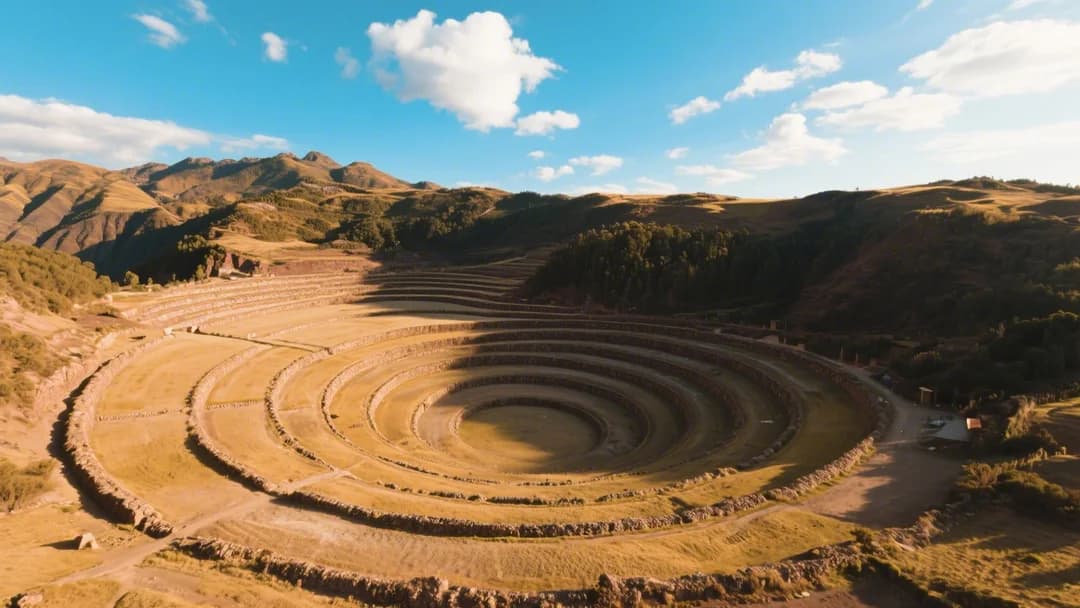 Vista aérea de los andenes circulares de Moray en el Valle Sagrado.