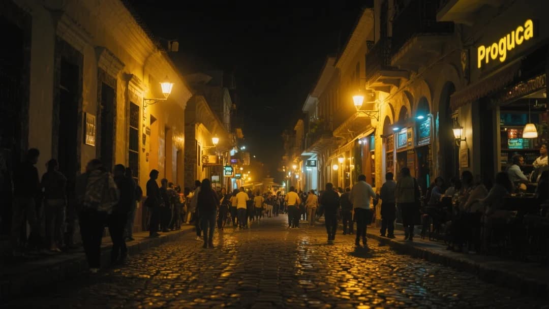 Calle Procuradores en Cusco de noche, iluminada y llena de vida.