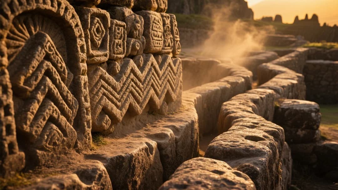 Detalle de los canales laberínticos tallados en piedra en Kenko