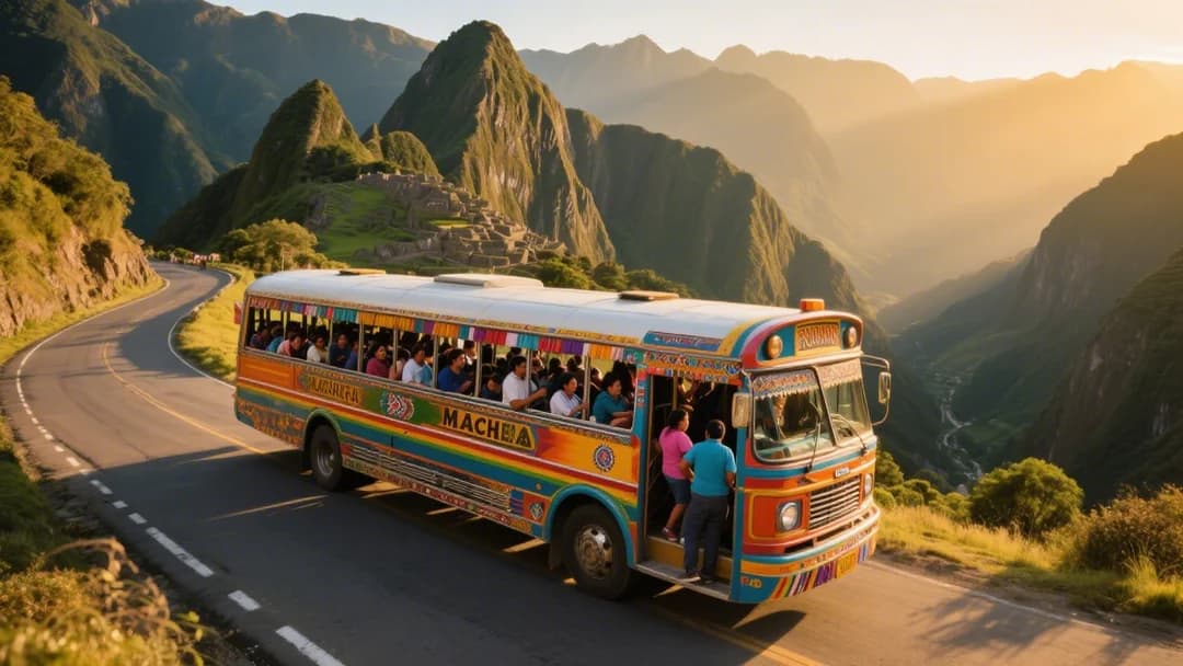 Bus colectivo típico de Cusco en ruta hacia sitios arqueológicos