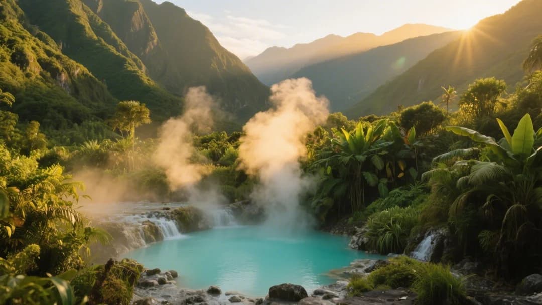 Aguas termales de Cocalmayo rodeadas de vegetación y montañas en Cusco, Perú