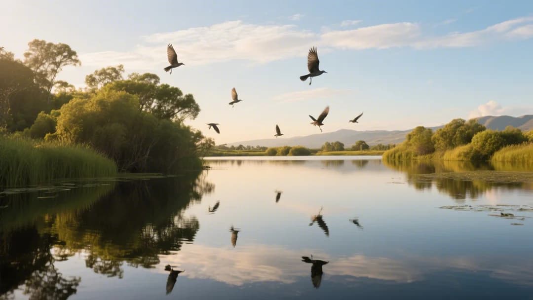 Humedal de Huasao con aves silvestres y esculturas naturales.