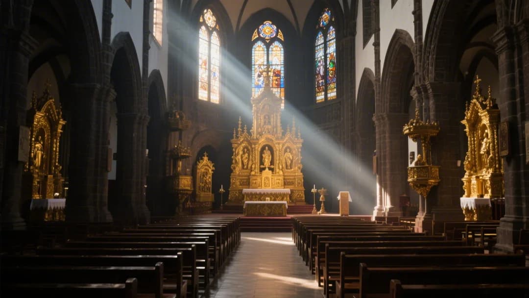Interior majestuoso de la Catedral de Cusco con altares dorados y luz filtrada por vitrales.