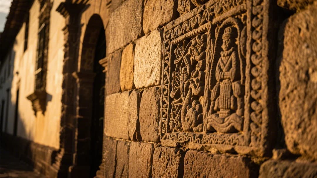 Detalle arquitectónico que muestra la fusión entre piedra inca y decoración colonial en la Catedral de Cusco.