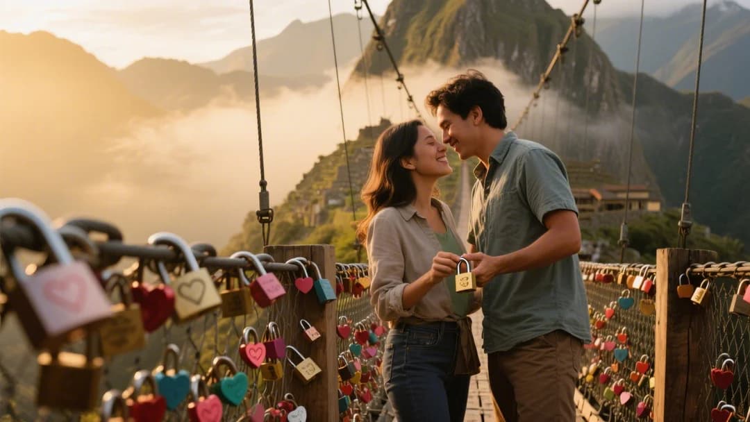 Vista del puente colgante con candados del amor cerca del Hotel Casa Andina en Machu Picchu Pueblo