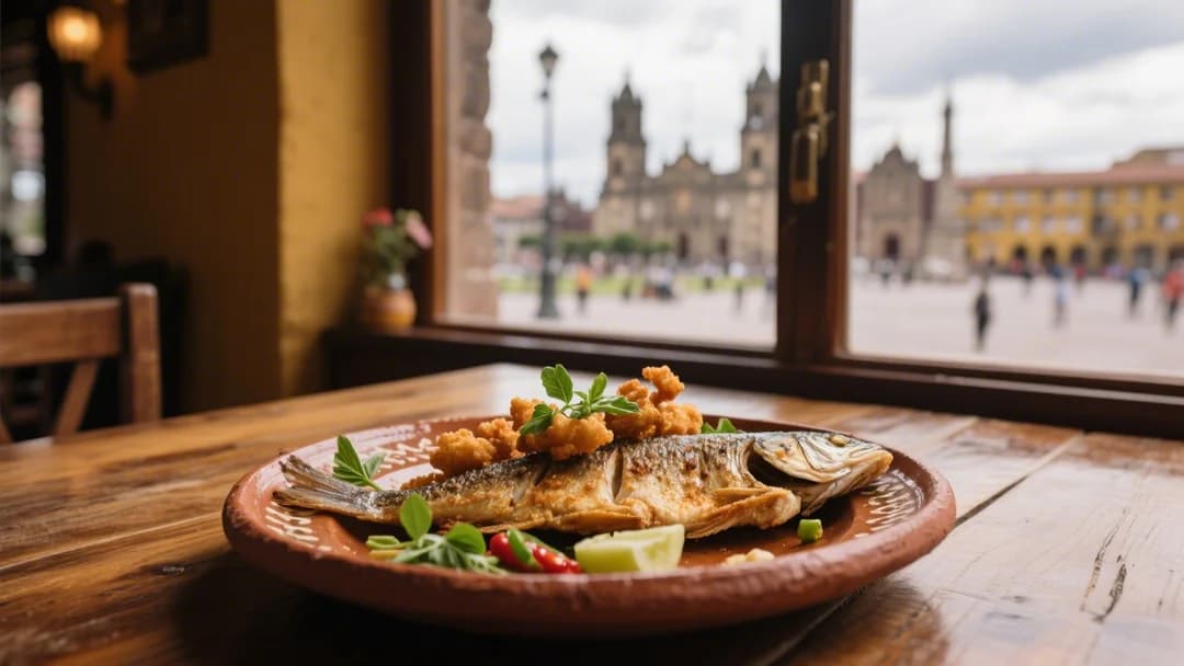 Plato de chicharrón de trucha servido en Piscigranja Poroy con uchucuta