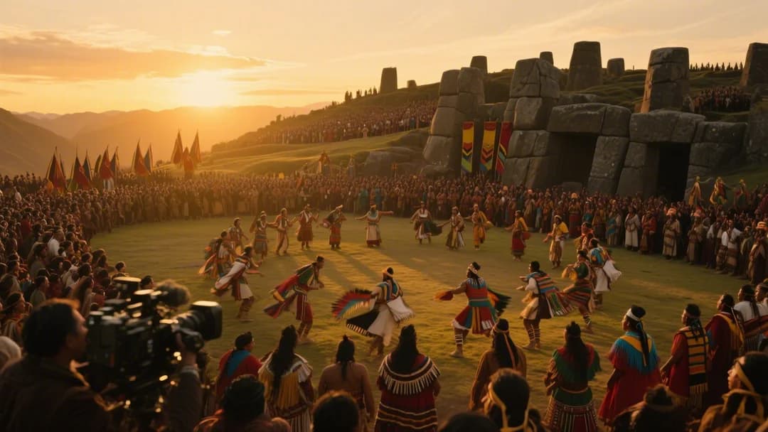 Celebración del Inti Raymi en Sacsayhuamán con trajes tradicionales incas.