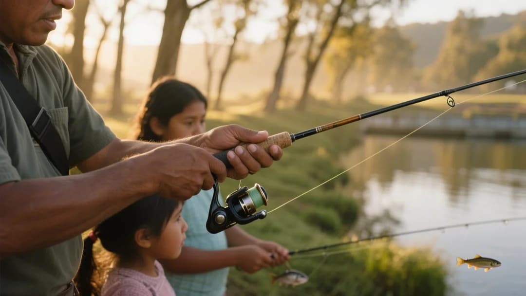 Personas aprendiendo a pescar truchas en Piscigranja Poroy con un guía local