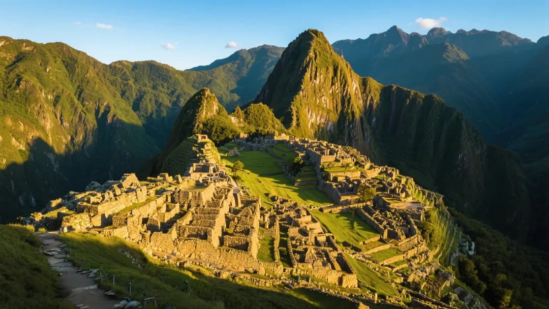 Vista panorámica de Machu Picchu bajo un cielo despejado en temporada seca.