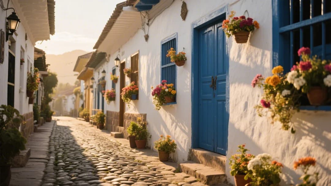 Calle típica del barrio de San Blas en Cusco con edificios coloniales y flores en los balcones.