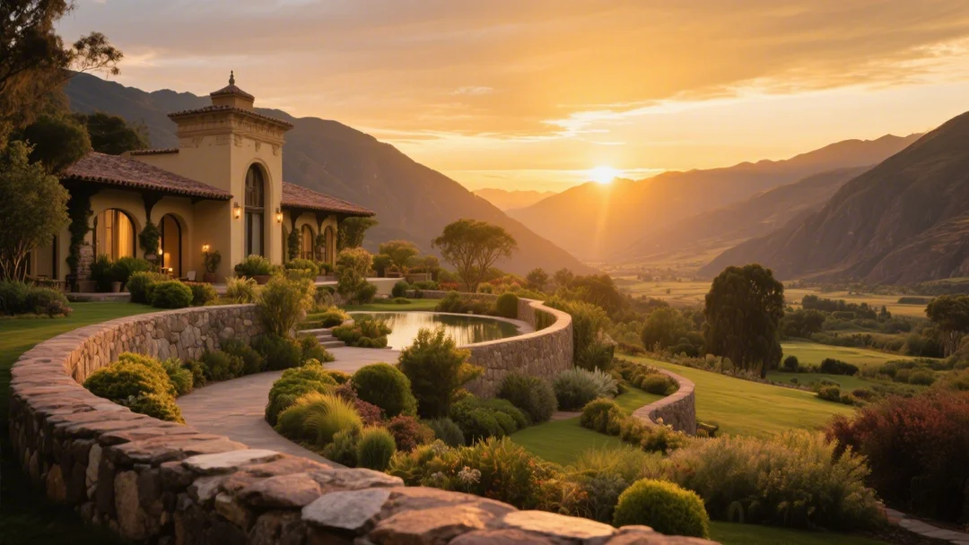 Vista panorámica del hotel Wifala Harmony en el Valle Sagrado de Cusco al atardecer
