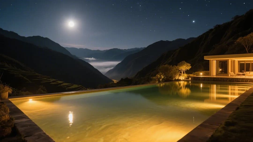 Piscina del hotel Wifala Harmony iluminada por la noche con vistas al Valle Sagrado