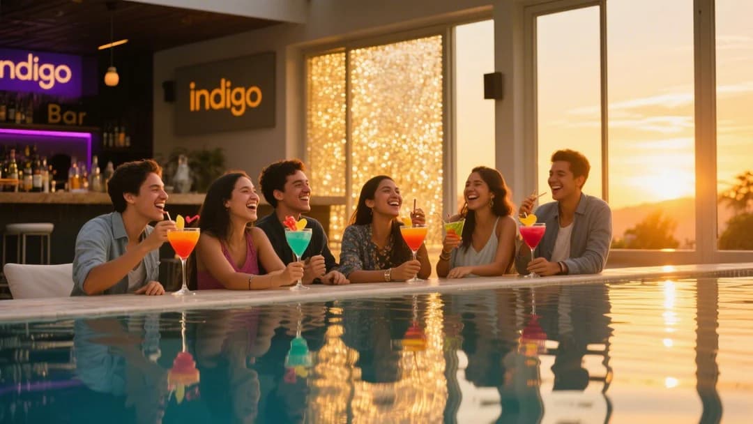 Personas disfrutando del piscinazo en Índigo, Cusco, con tragos coloridos y sonrisas.